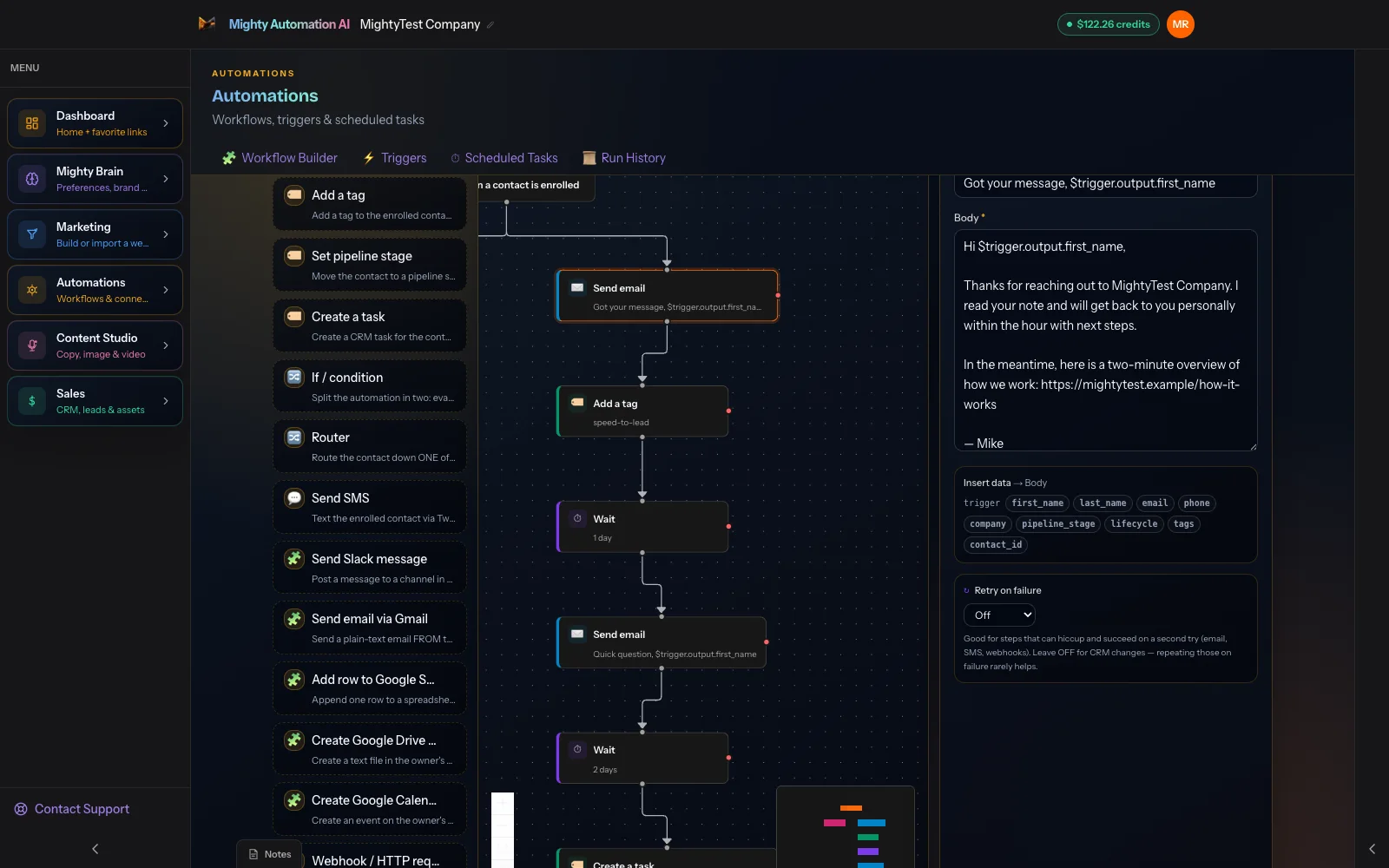 Workflow builder in dark mode, zoomed on a “New lead — speed to lead” automation with the Send email step open